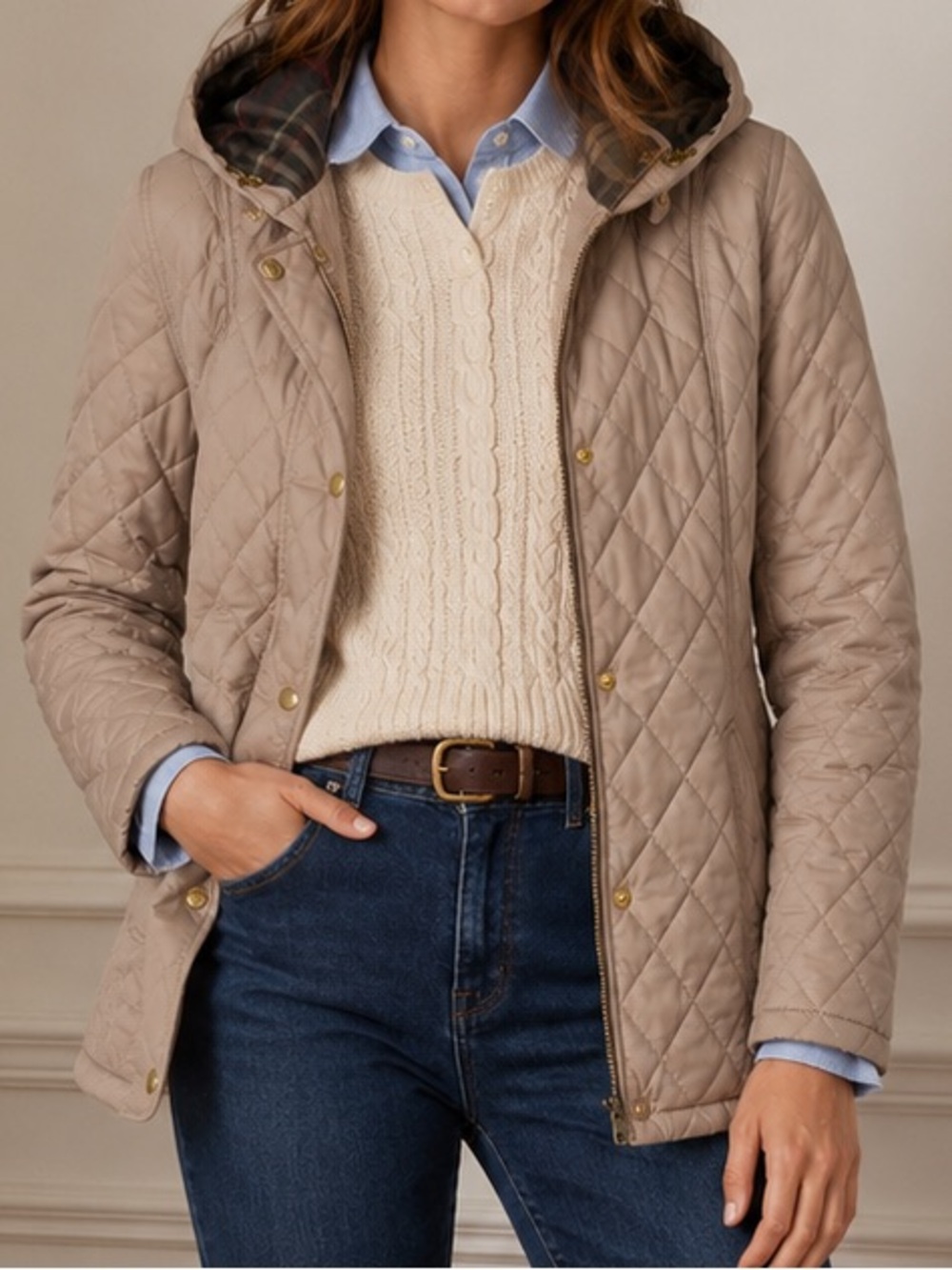 Barbour Women’s Quilted Hooded Jacket Taupe US 10 UK 14